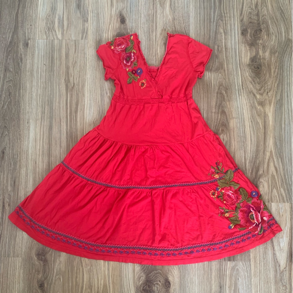 Johnny Was LA XS Tiered Embroidered Short Sleeve Dress Red Pocket Boho Y2K